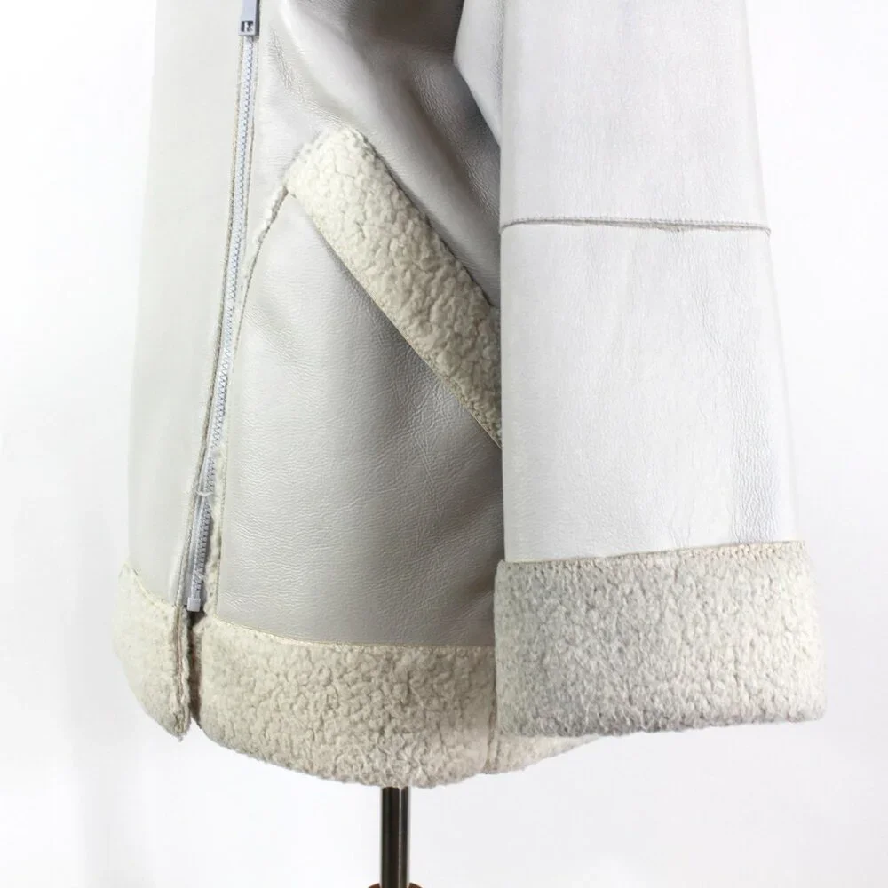Aeron Pisco Faux Shearling Lined Off White Faux Leather Zip Biker Jacket M NEW